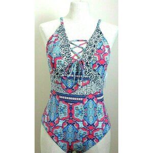 COPY - Tommy Bahama Womens Riviera Tile Lace Front 1 Piece Swimsuit Cerise Size…